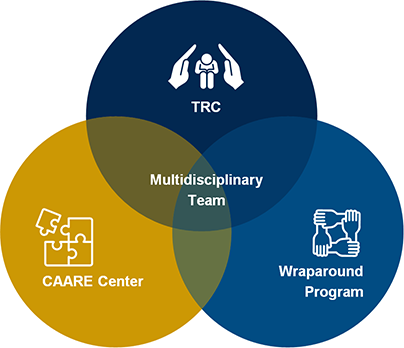 Multidisciplinary Team - TRC, CAARE Center, and Wraparound Program, three circles with each program in blue, lighblue, and yellow.