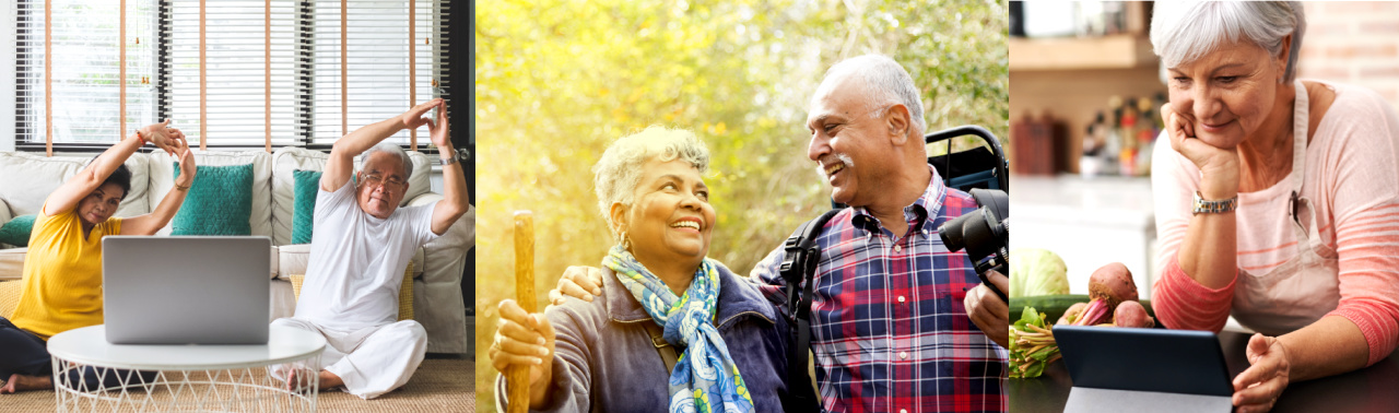 older people exercising, hiking and a woman cooking healthy food