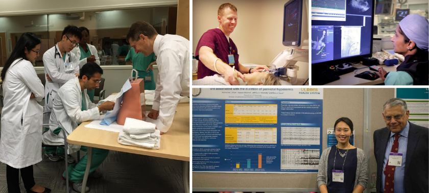 fellows and residents in clinic, at poster presentation, at simulation activity