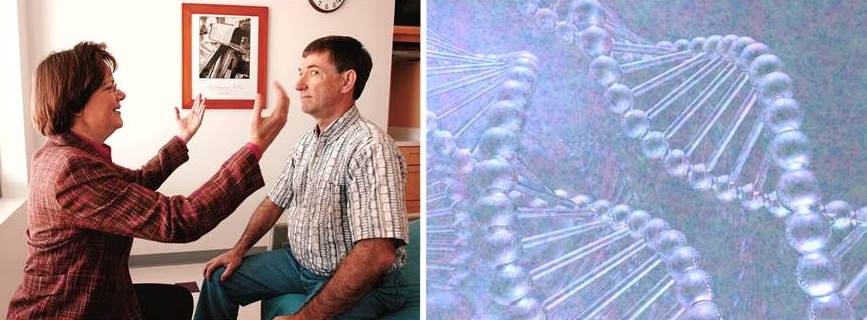 doctor holding up her hands in front of a patient and a double helix DNA strand