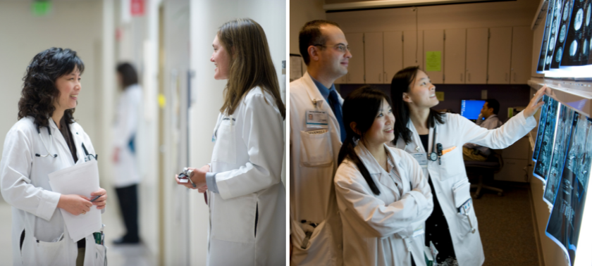 doctors in hallway and looking over brain scans