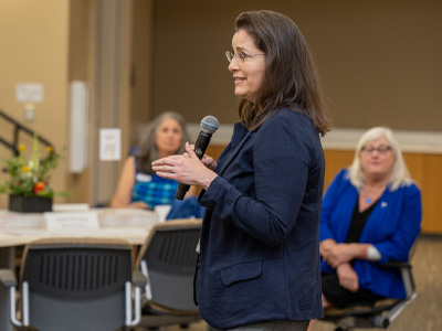 Betty Irene Moore Fellow Kristen Fessele discussed her research project at Convocation 2023. (c) UC Regents. All rights reserved. 