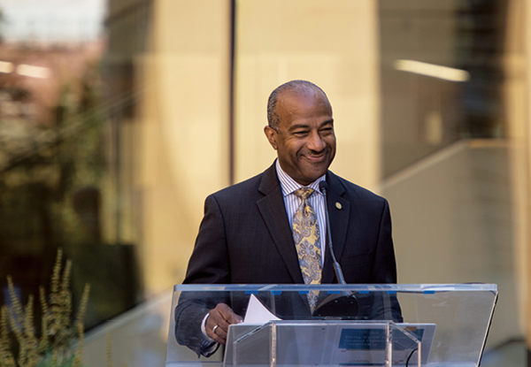 Chancellor Gary S. May speaks at the ribbon cutting ceremony.