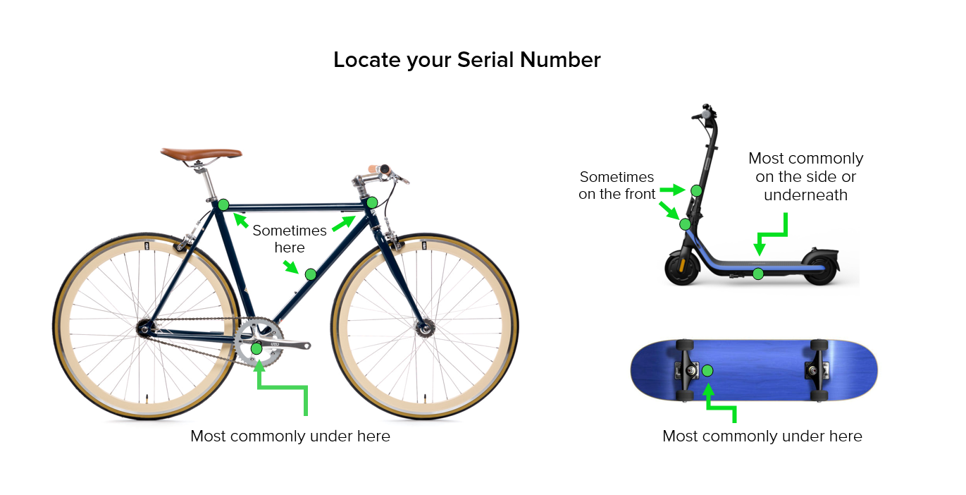 arrows pointing to common serial number locations on a bicycle