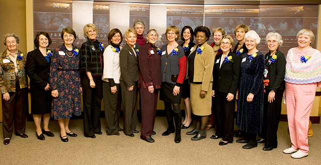 Attending the reception honoring the School of Medicine's Founding Women were, from left, Mary H. Tupper, Ellen Gold, Mary Metcalf, Robin Hansen, Lydia Howell, Sally DeNardo, Judy Turgeon, Marlene Mirassou, Penny Knapp, Amparo Villablanca, Sally Gray, Ruth Lawrence, Ann Bonham, Karen Lindfors, Nancy Joye, Jesse Joad and Hanne Jensen.