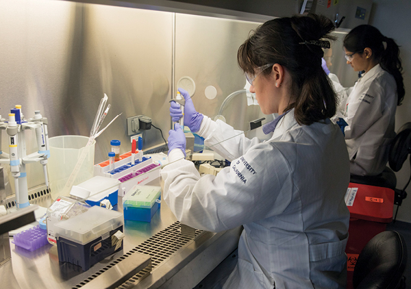 Drew Glaser and post-doctoral scholar Vasudha Murlidhar prep the cells for injection into the microfluidic device