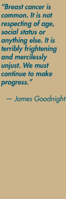 "Breast cancer is common. It is not respecting of age, social status or anything else. It is terribly frightening and mercilessly unjust. We must continue to make progress." — James Goodnight