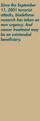 Since the September 11, 2001 terrorist attacks, biodefenseresearch has taken on new urgency. And cancer treatment may be an unintended beneficiary.