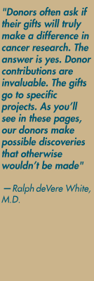 "Donors often ask if their gifts will truly make a difference in cancer research. The answer is yes. Donor 
contributions are invaluable. The gifts go to specific projects. As you’ll see in these pages, our donors make possible discoveries that otherwise wouldn’t be made" — Ralph deVere White, M.D.